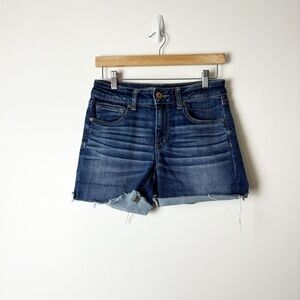 AMERICAN EAGLE • Women’s Super Super Stretch Midi Dark Wash Cutoff Jean Shorts
